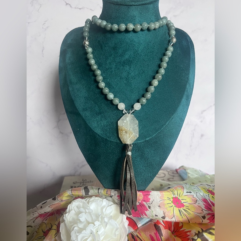 Handcrafted Jade Bead Mala with Leather Tassel